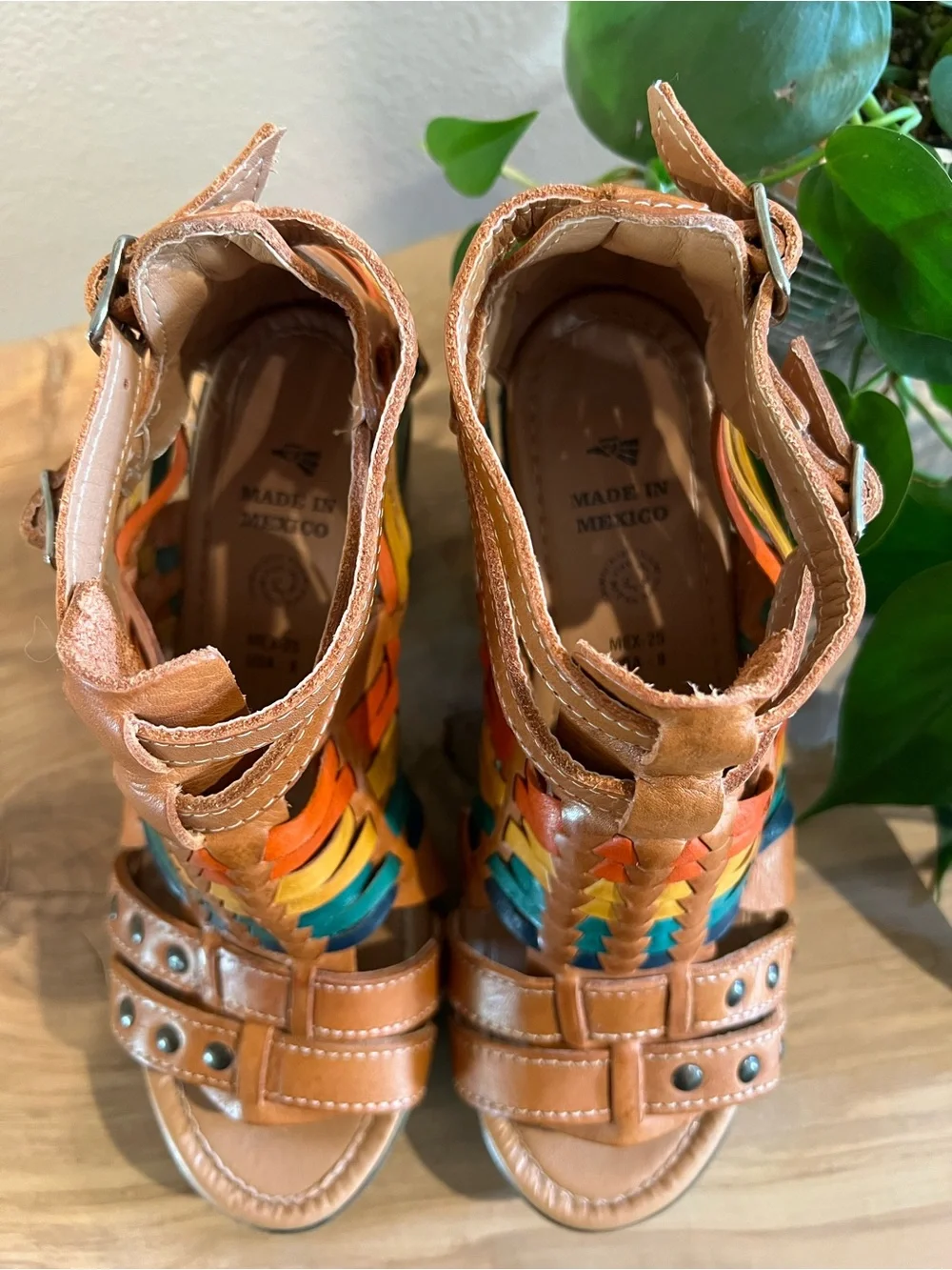 Tan Leather Platform Sandals with Multicolor Woven Accents